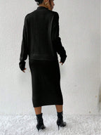 Privé 2pcs/set Simple Casual Stand Collar Drop Shoulder Sleeve Sweater And Skirt Set Shein