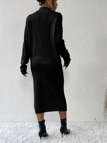 Privé 2pcs/set Simple Casual Stand Collar Drop Shoulder Sleeve Sweater And Skirt Set Shein