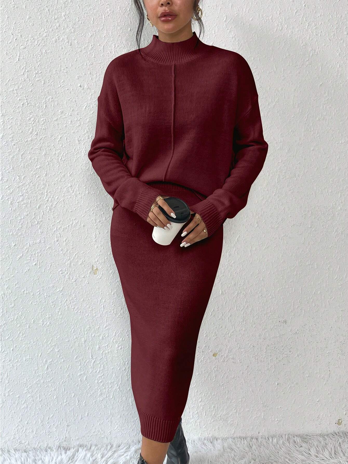 Privé 2pcs/set Simple Casual Stand Collar Drop Shoulder Sleeve Sweater And Skirt Set Shein