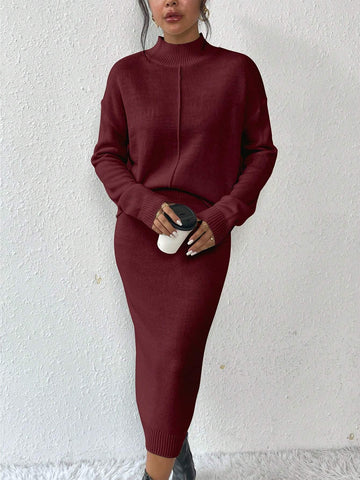 Privé 2pcs/set Simple Casual Stand Collar Drop Shoulder Sleeve Sweater And Skirt Set Shein