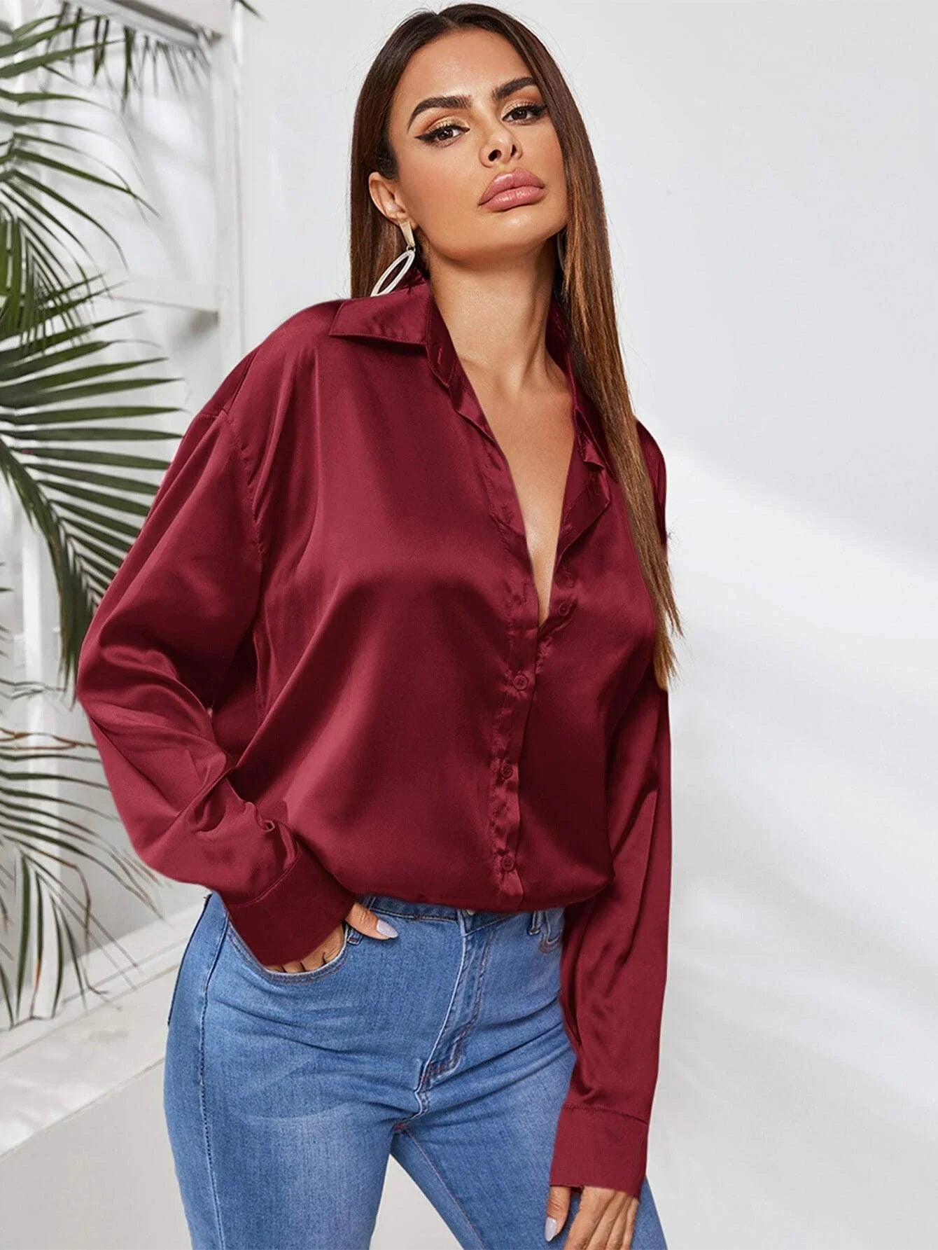 Clasi Solid Button Through Satin Shirt Shein