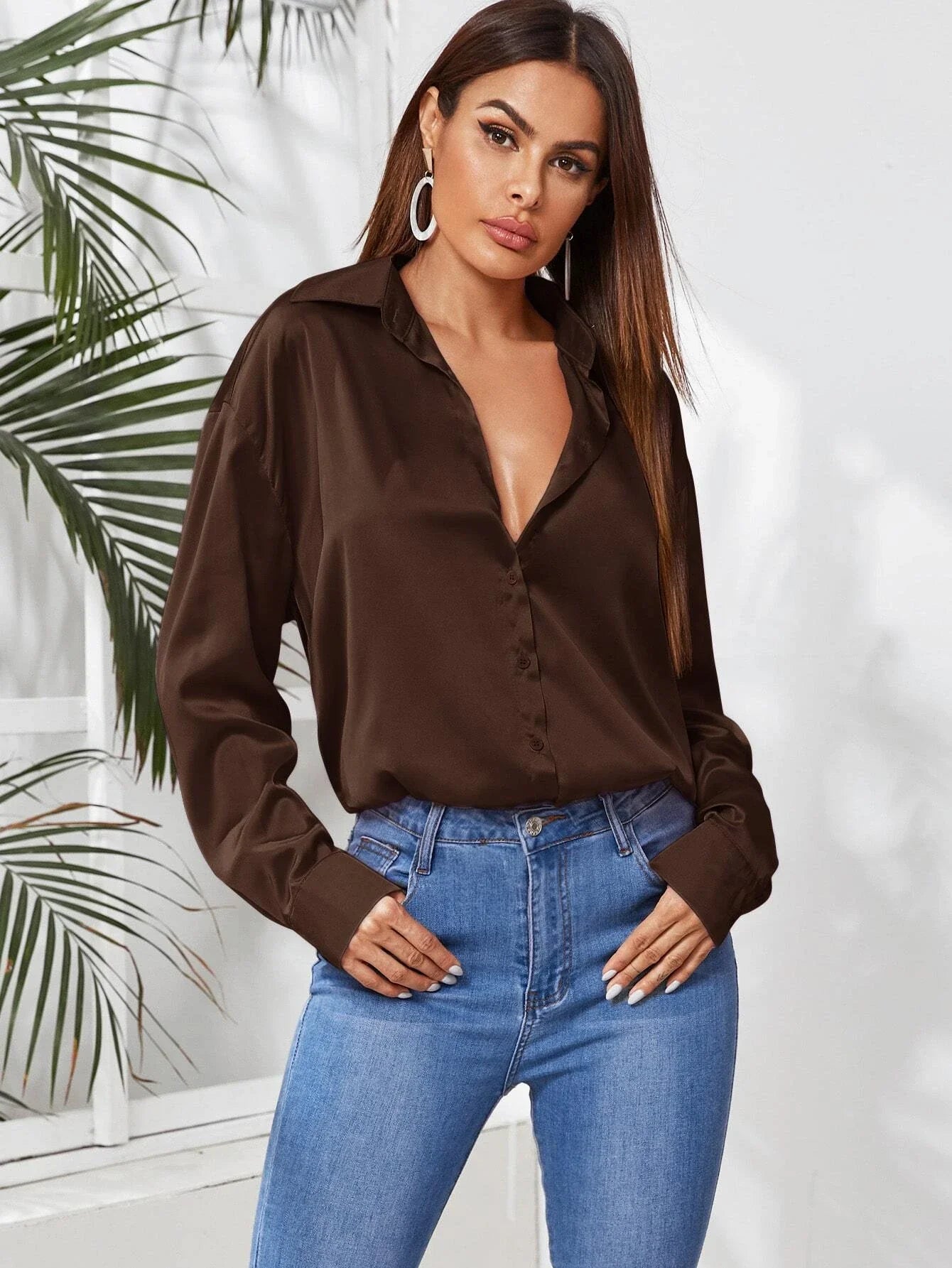 Clasi Solid Button Through Satin Shirt Shein