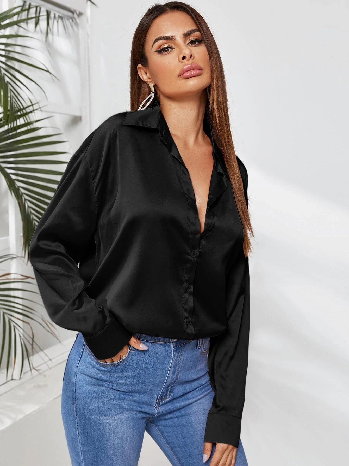 Clasi Solid Button Through Satin Shirt Shein