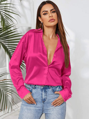 Clasi Solid Button Through Satin Shirt Shein