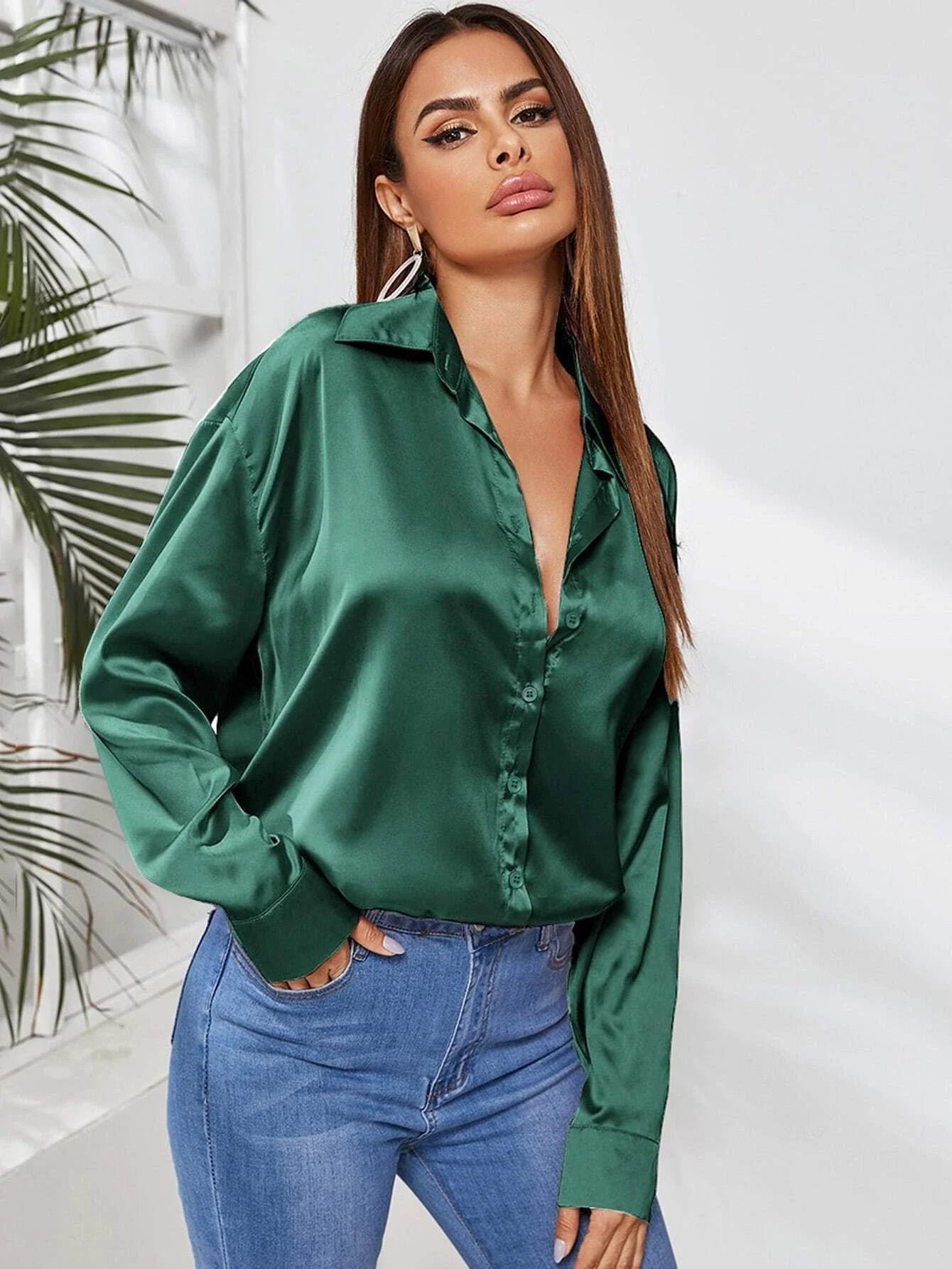 Clasi Solid Button Through Satin Shirt Shein