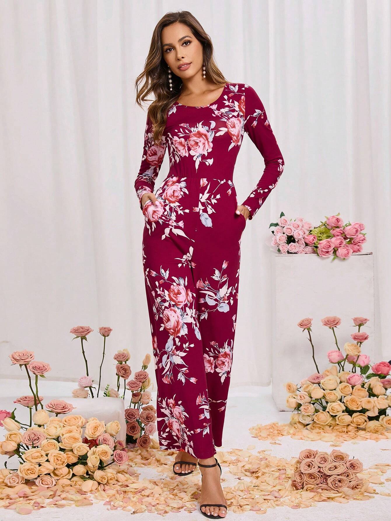 Clasi Valentine's Day Women Floral Printed Jumpsuit Shein