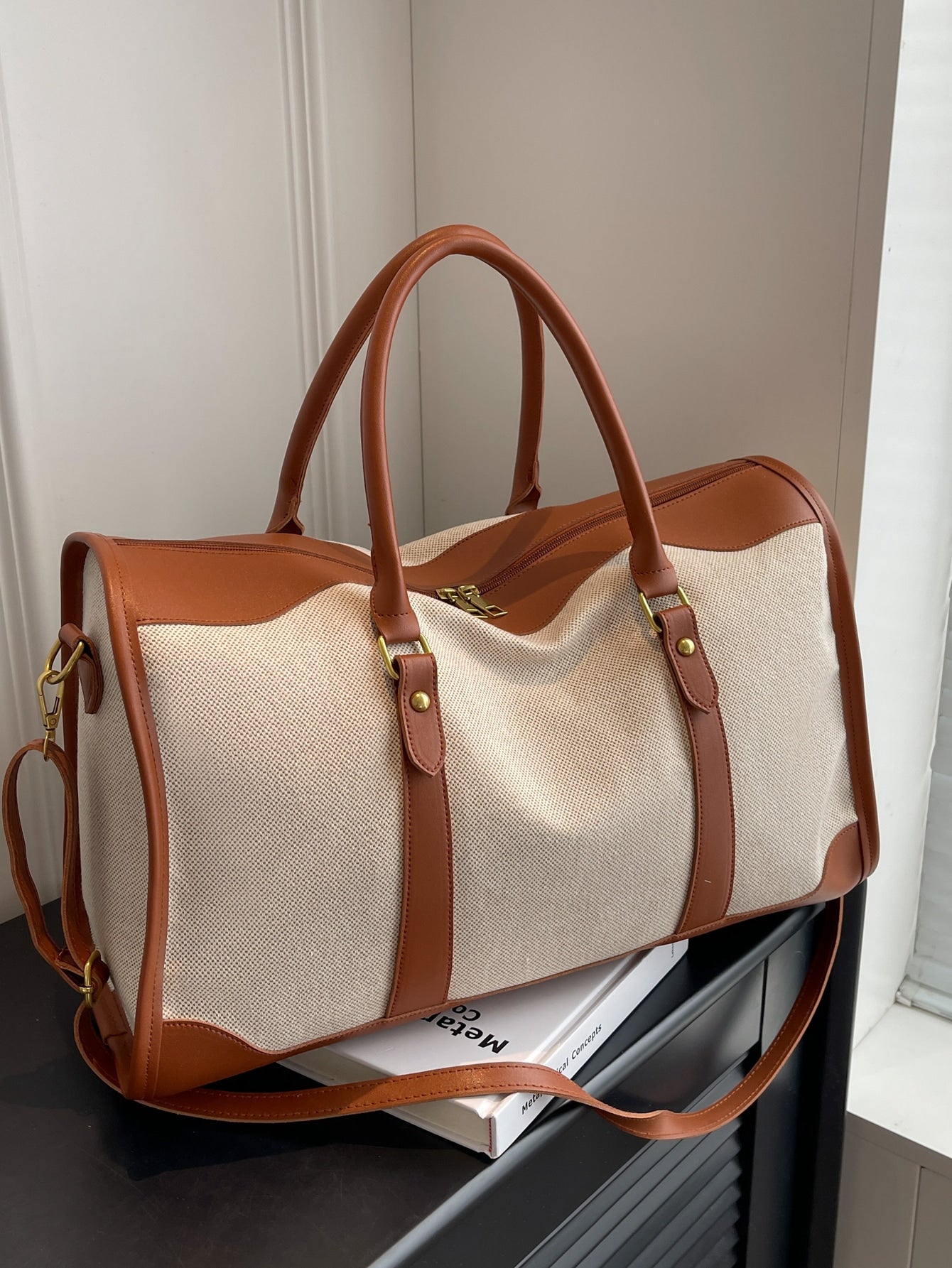 Colorblock Canvas Pu Travel Bag, Vintage Duffle Bag Shein