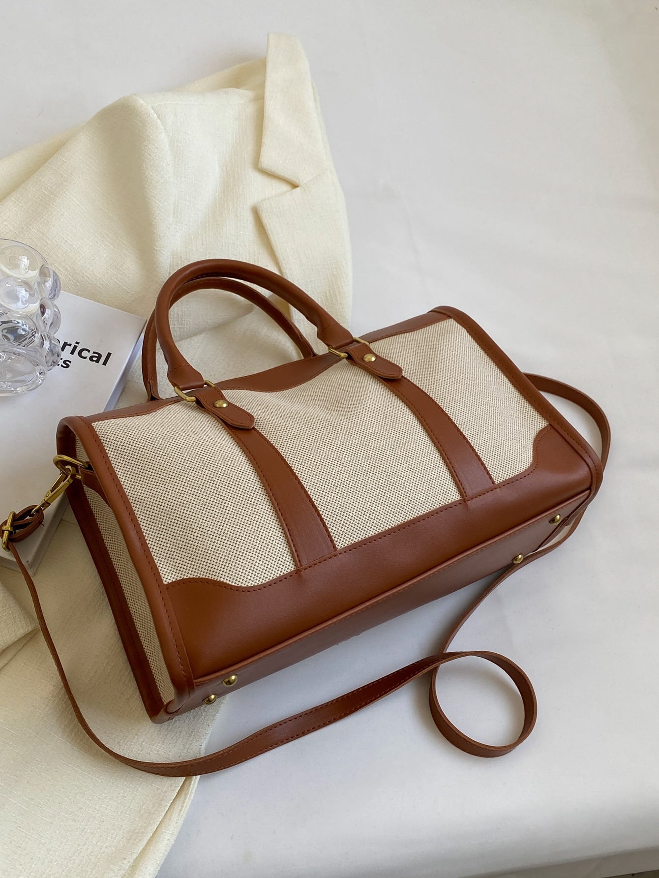 Colorblock Canvas Pu Travel Bag, Vintage Duffle Bag Shein