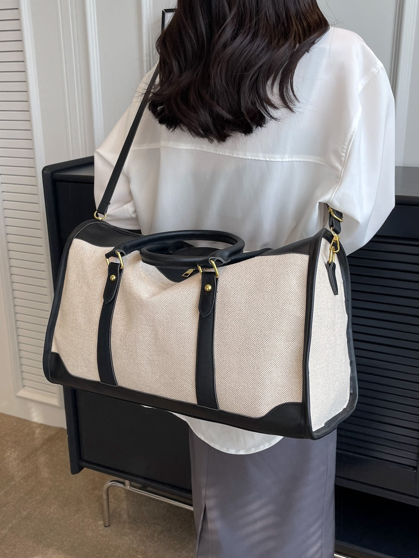 Colorblock Canvas Pu Travel Bag, Vintage Duffle Bag Shein