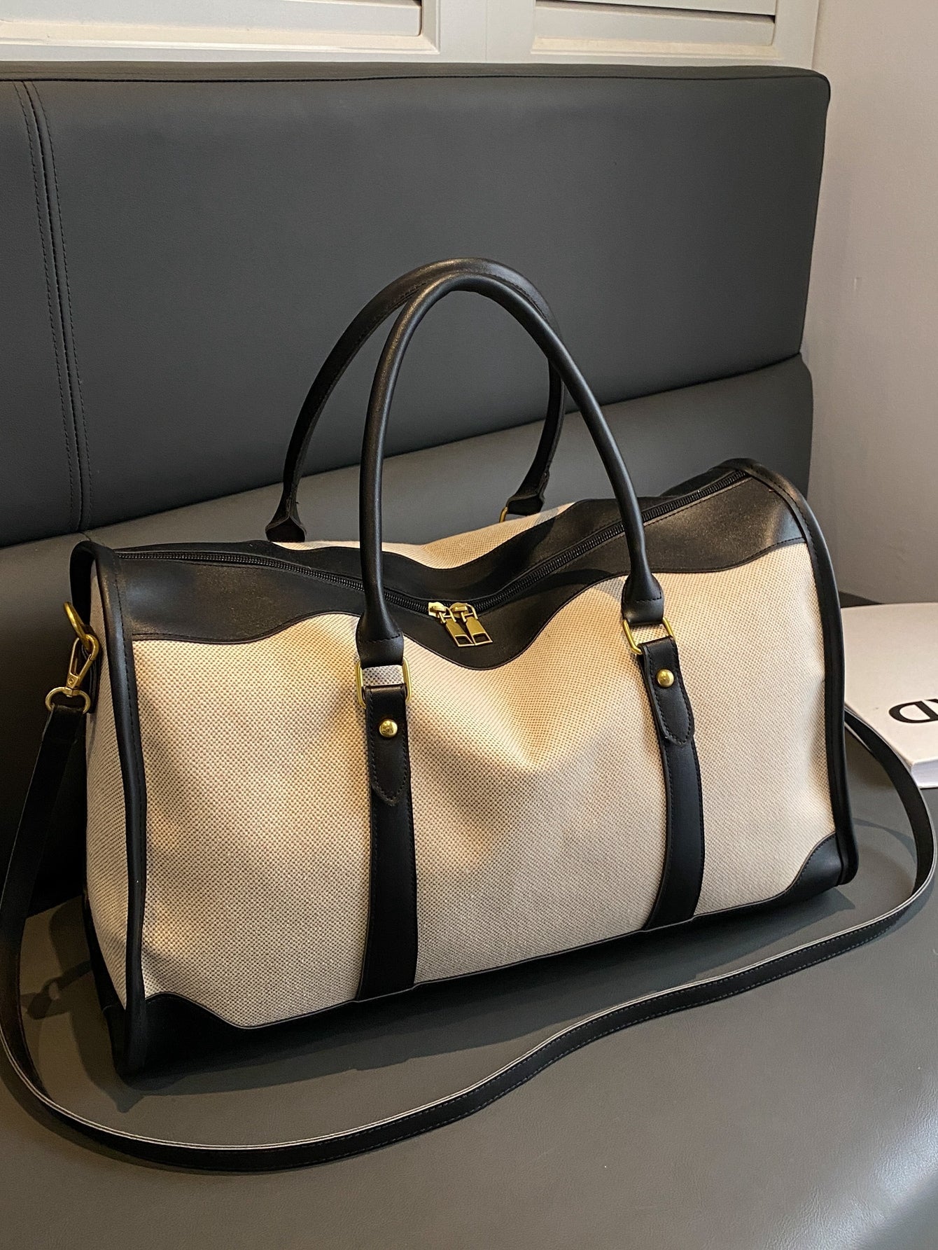 Colorblock Canvas Pu Travel Bag, Vintage Duffle Bag Shein