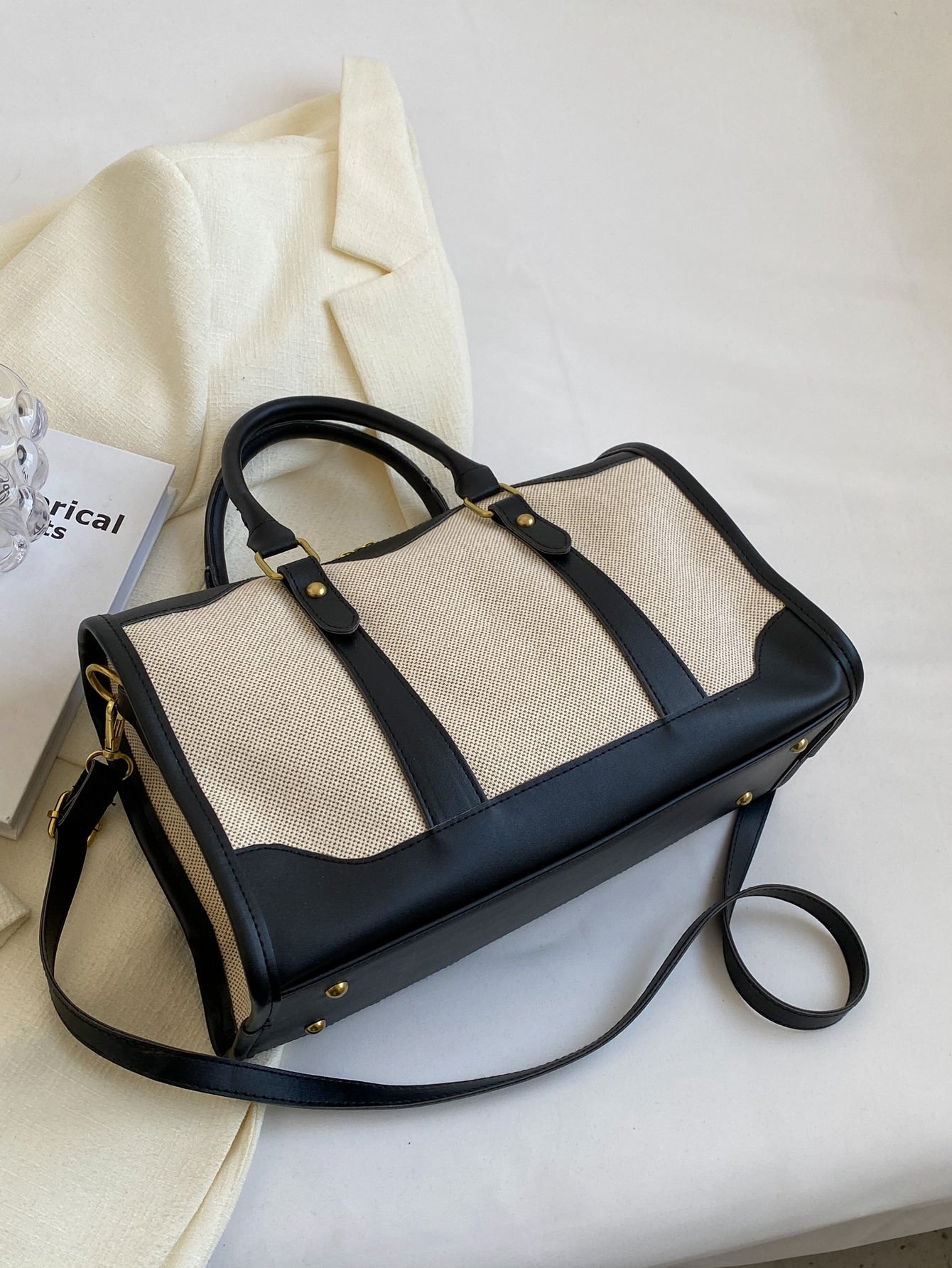 Colorblock Canvas Pu Travel Bag, Vintage Duffle Bag Shein