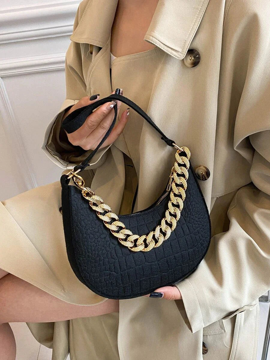 Crocodile Embossed Chain Decor Hobo Bag Shein