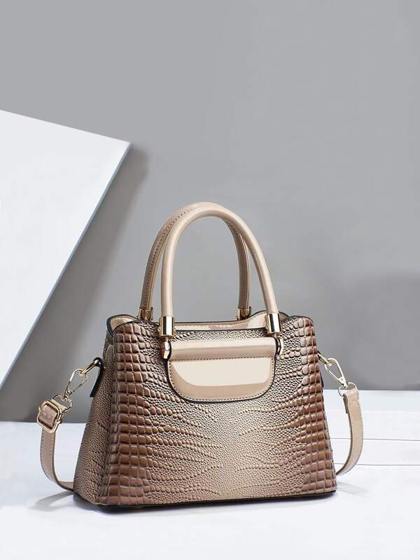 Crocodile Embossed Square Bag Double Handle Multi-compartment With Zipper PU Fashionable For Daily Life Shein