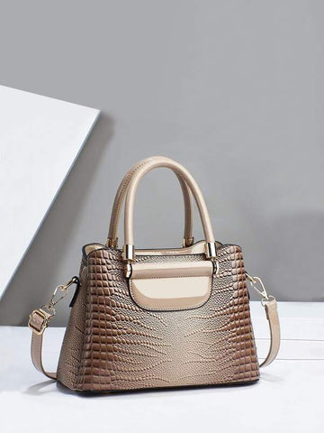 Crocodile Embossed Square Bag Double Handle Multi-compartment With Zipper PU Fashionable For Daily Life Shein