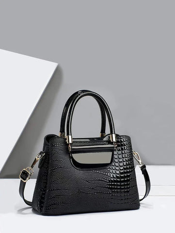 Crocodile Embossed Square Bag Double Handle Multi-compartment With Zipper PU Fashionable For Daily Life Shein