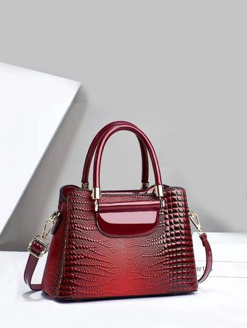 Crocodile Embossed Square Bag Double Handle Multi-compartment With Zipper PU Fashionable For Daily Life Shein