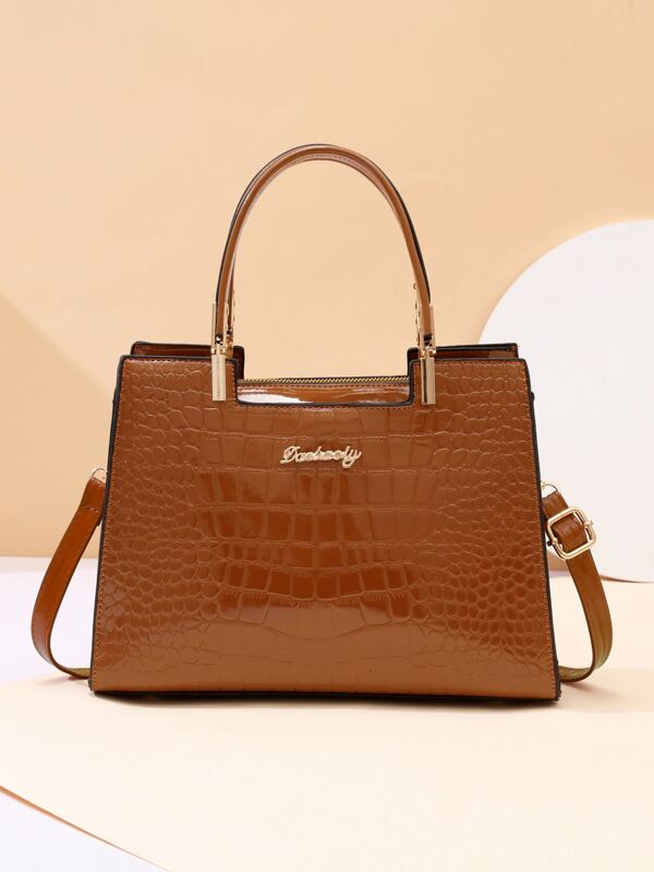 Crocodile Embossed Square Bag Letter Decor Contrast Binding Shein