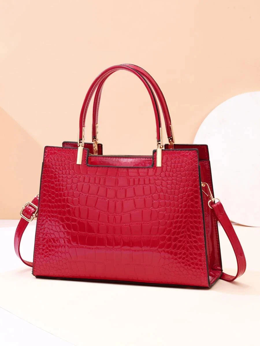 Crocodile Embossed Square Bag Letter Decor Contrast Binding Shein