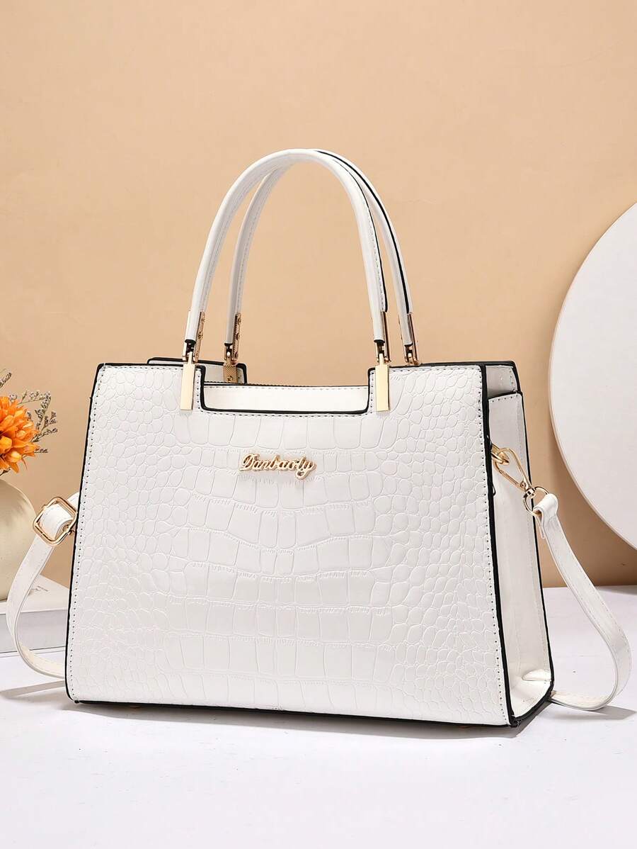 Crocodile Embossed Square Bag Letter Decor Contrast Binding Shein