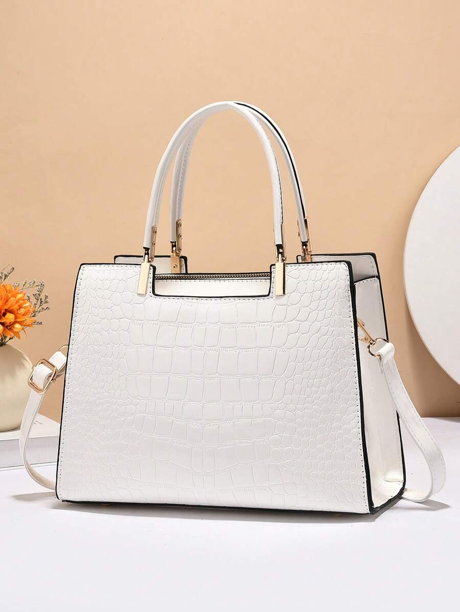 Crocodile Embossed Square Bag Letter Decor Contrast Binding Shein