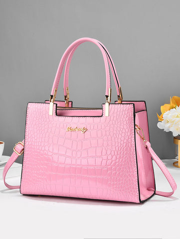 Crocodile Embossed Square Bag Letter Decor Contrast Binding Shein