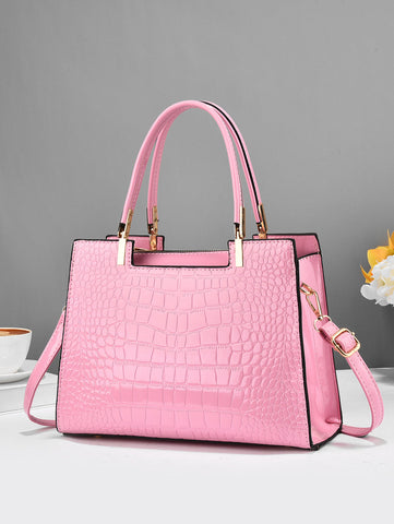 Crocodile Embossed Square Bag Letter Decor Contrast Binding Shein