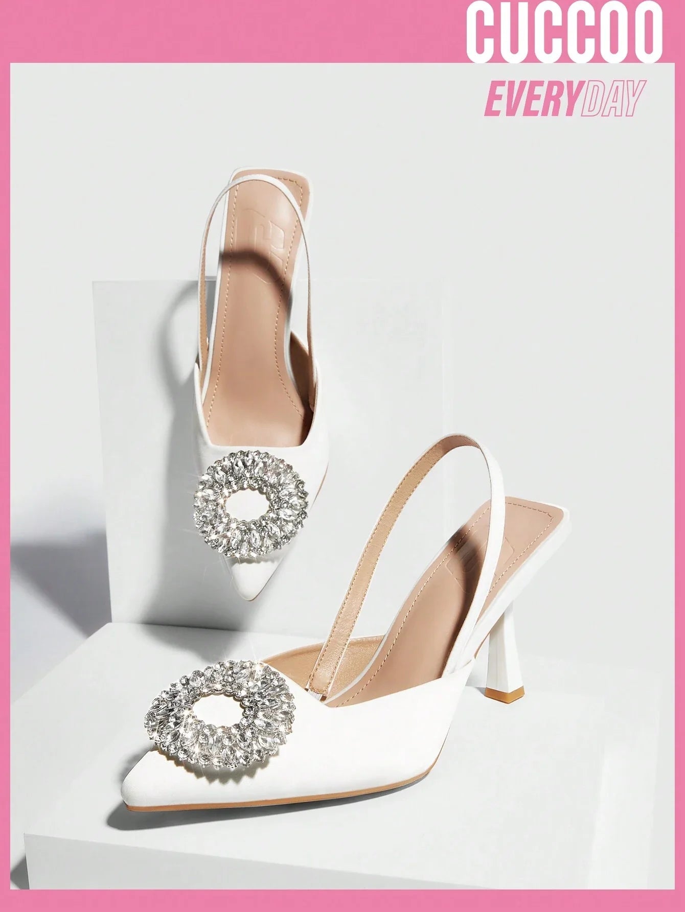 Cuccoo Everyday Collection Woman Shoes Valentine Day Rhinestone Decor Stiletto Heeled Glamorous White Polyester Pumps Shein