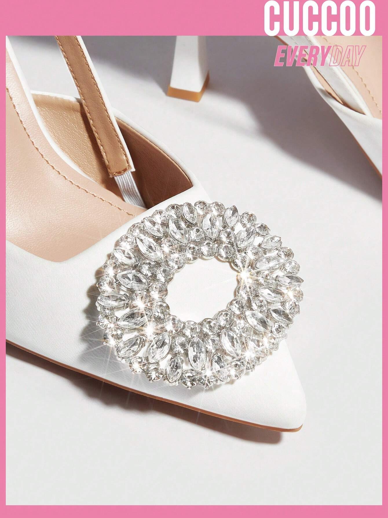 Cuccoo Everyday Collection Woman Shoes Valentine Day Rhinestone Decor Stiletto Heeled Glamorous White Polyester Pumps Shein