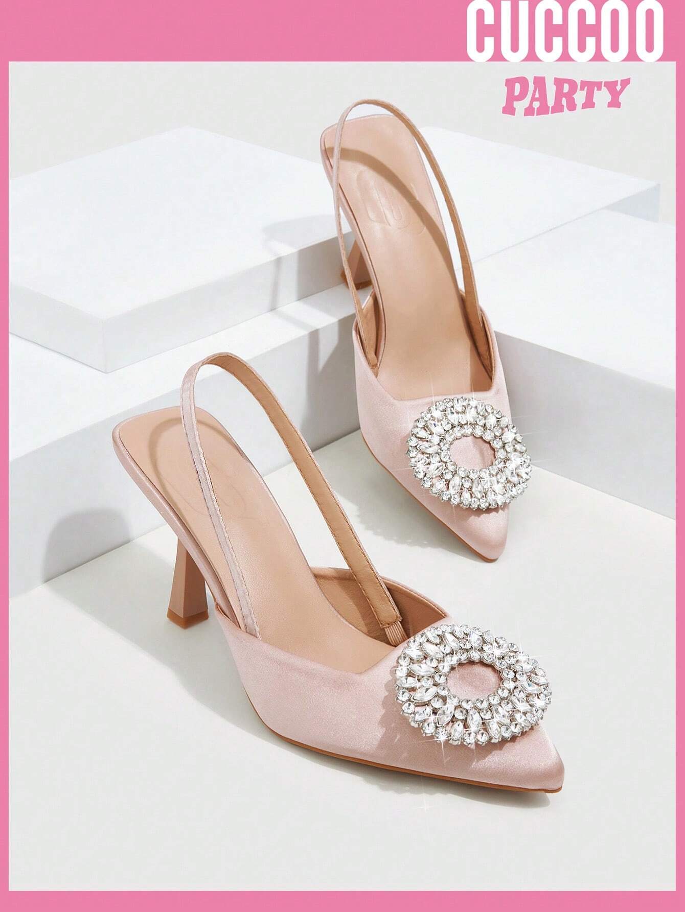 Cuccoo Everyday Collection Woman Shoes Valentine Day Rhinestone Decor Stiletto Heeled Glamorous White Polyester Pumps Shein