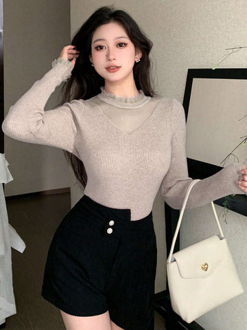 DAZY Contrast Mesh Ribbed Knit Sweater Shein