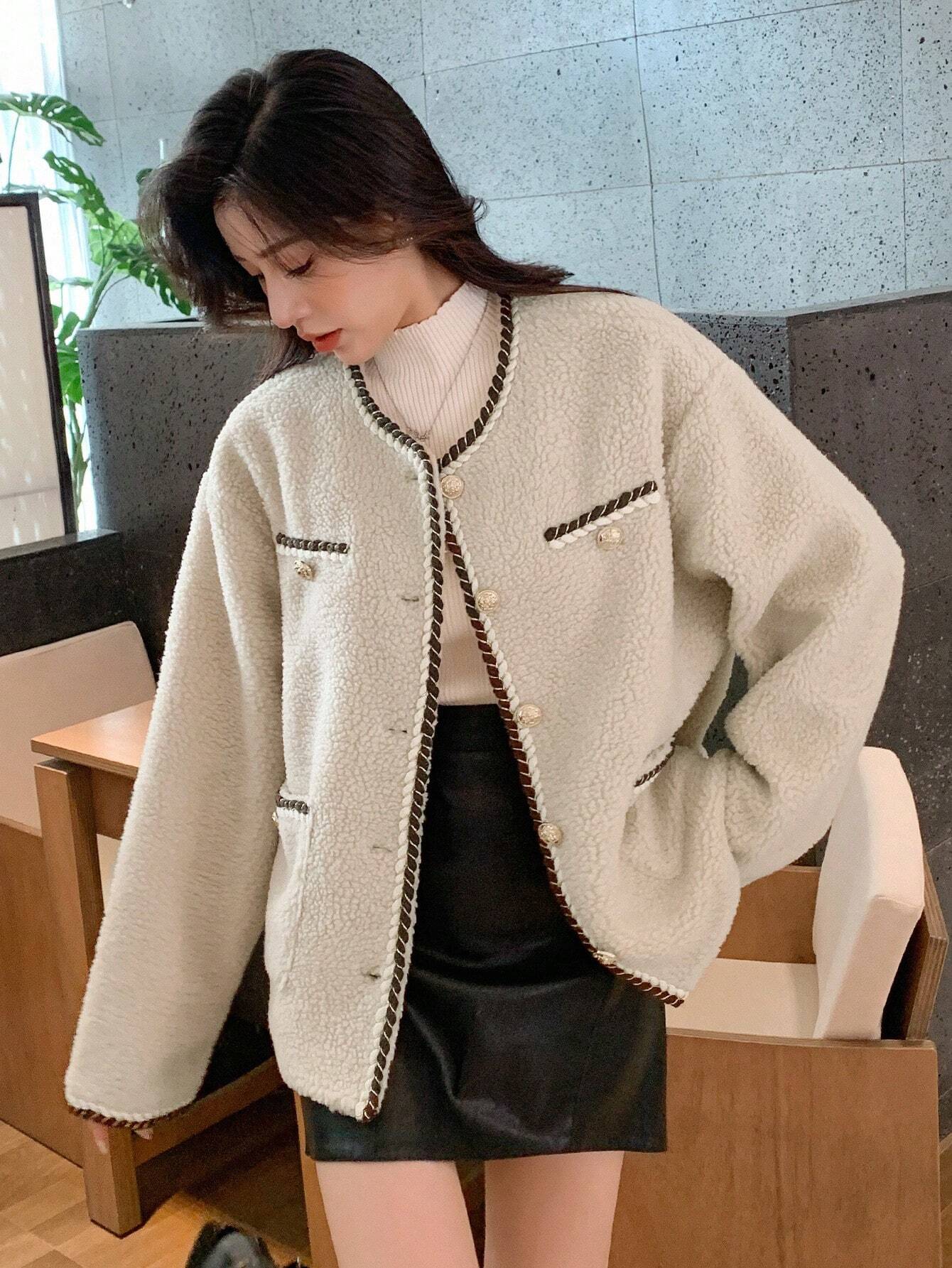 DAZY Contrast Trim Drop Shoulder Teddy Jacket Shein