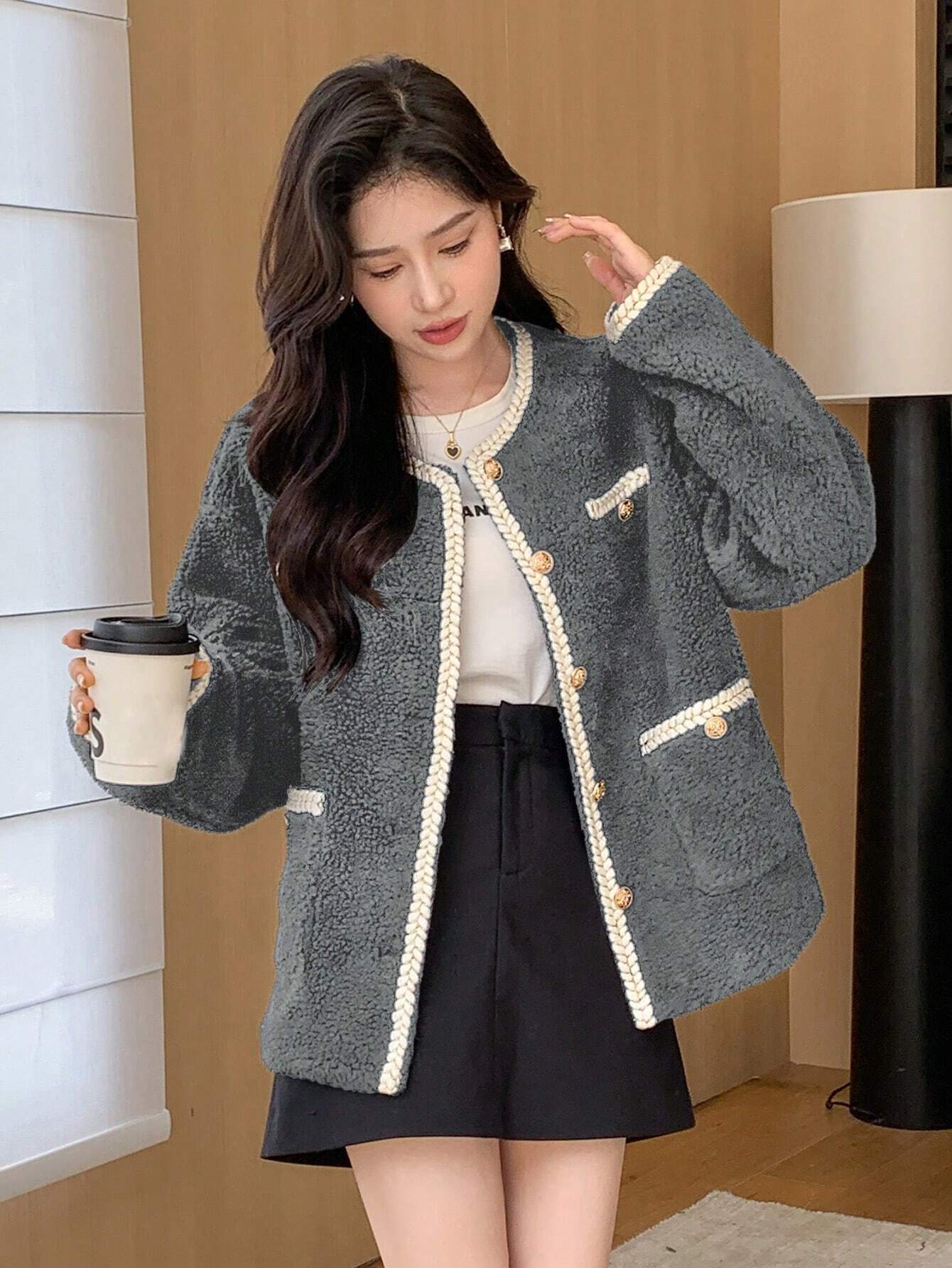 DAZY Contrast Trim Drop Shoulder Teddy Jacket Shein