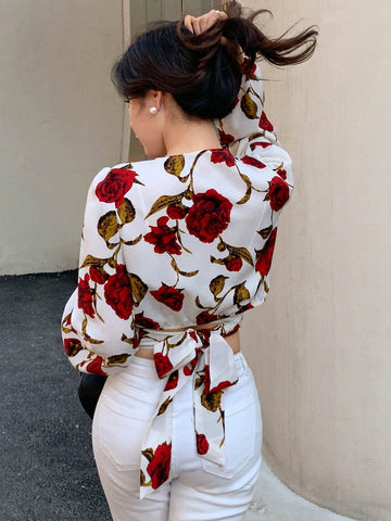 DAZY Floral Print Lantern Sleeve Crop Blouse Shein