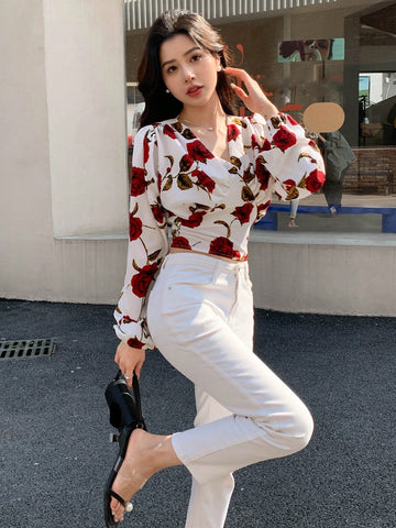 DAZY Floral Print Lantern Sleeve Crop Blouse Shein