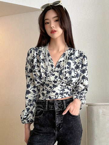 DAZY Floral Print Lantern Sleeve Crop Blouse Shein