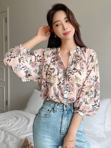 DAZY Kpop Floral Print Lantern Sleeve Blouse Shein