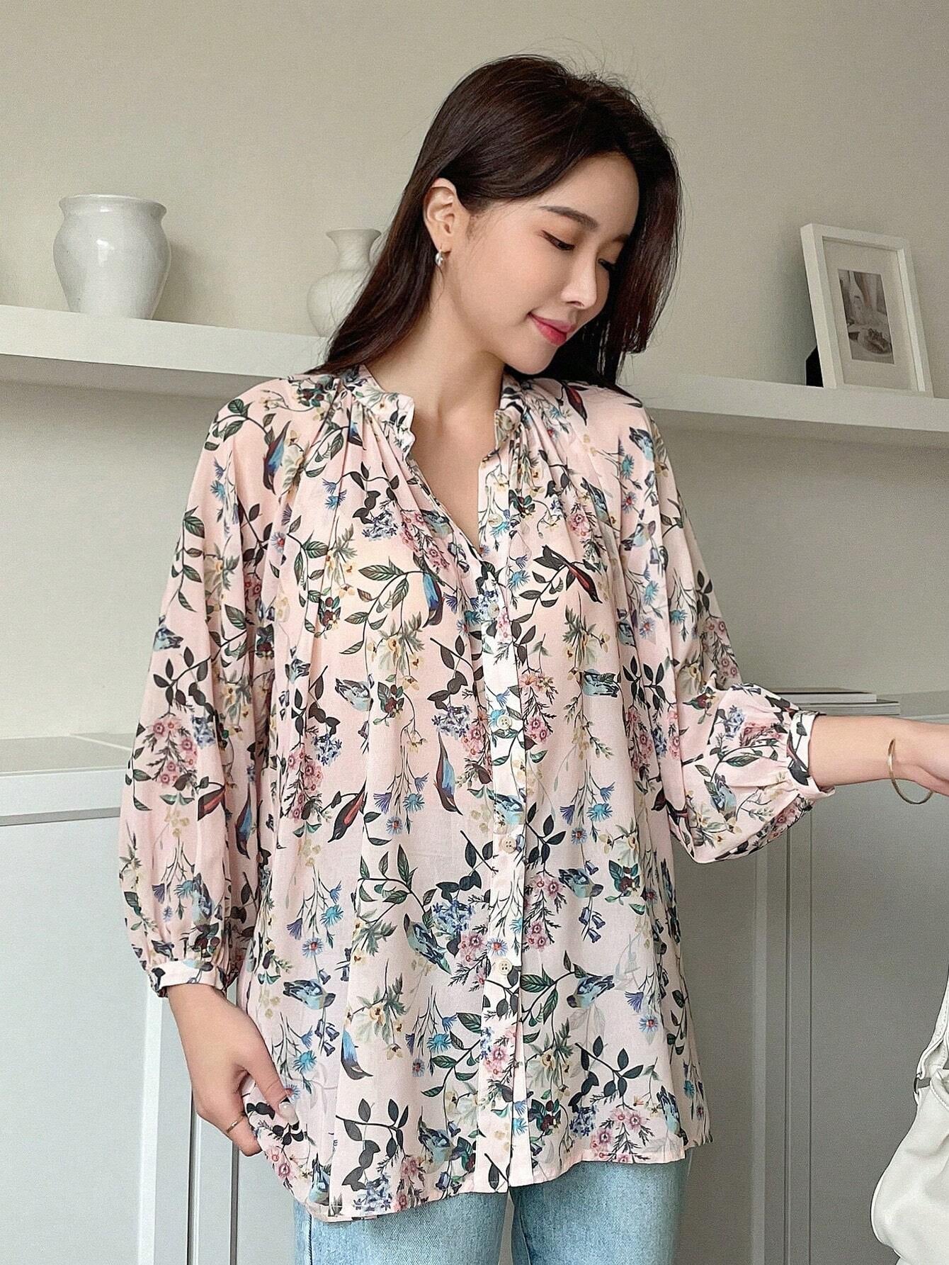 DAZY Kpop Floral Print Lantern Sleeve Blouse Shein