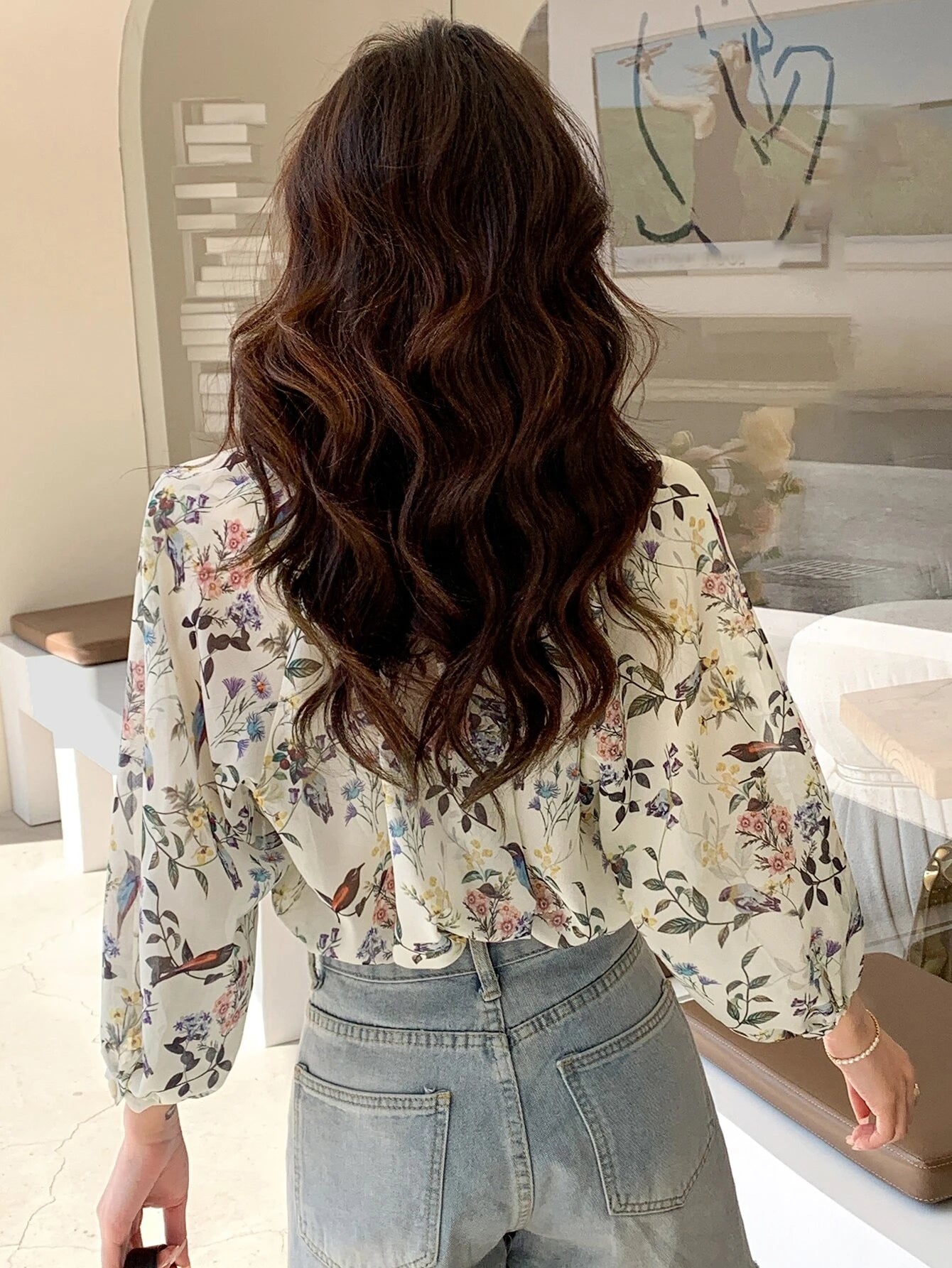 DAZY Kpop Floral Print Lantern Sleeve Blouse Shein