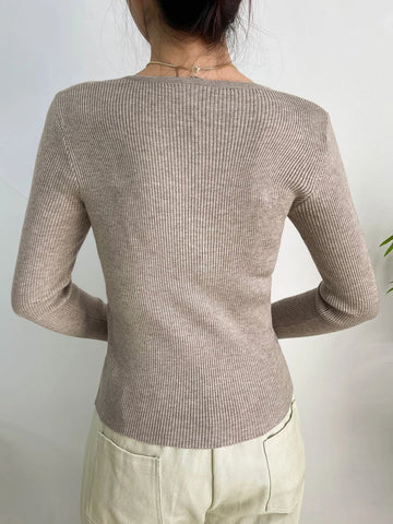 DAZY Kpop Solid Ribbed Knit Sweater Shein
