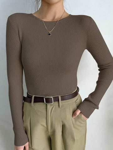DAZY Kpop Solid Ribbed Knit Sweater Shein