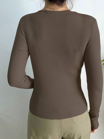 DAZY Kpop Solid Ribbed Knit Sweater Shein