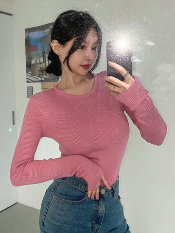 DAZY Kpop Solid Ribbed Knit Sweater Shein