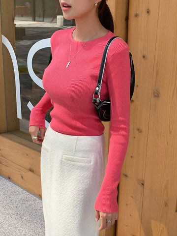 DAZY Kpop Solid Ribbed Knit Sweater Shein