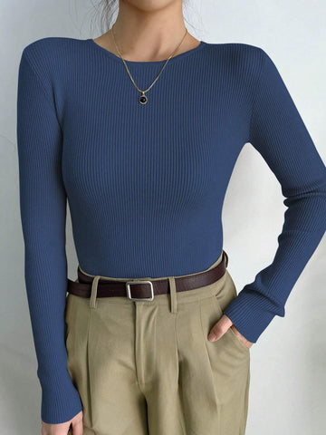 DAZY Kpop Solid Ribbed Knit Sweater Shein
