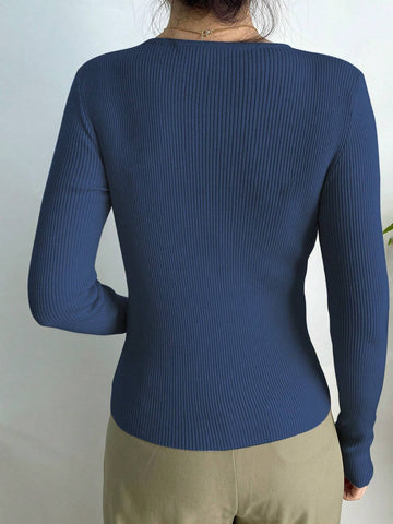 DAZY Kpop Solid Ribbed Knit Sweater Shein