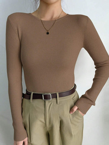 DAZY Kpop Solid Ribbed Knit Sweater Shein