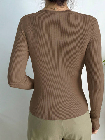DAZY Kpop Solid Ribbed Knit Sweater Shein