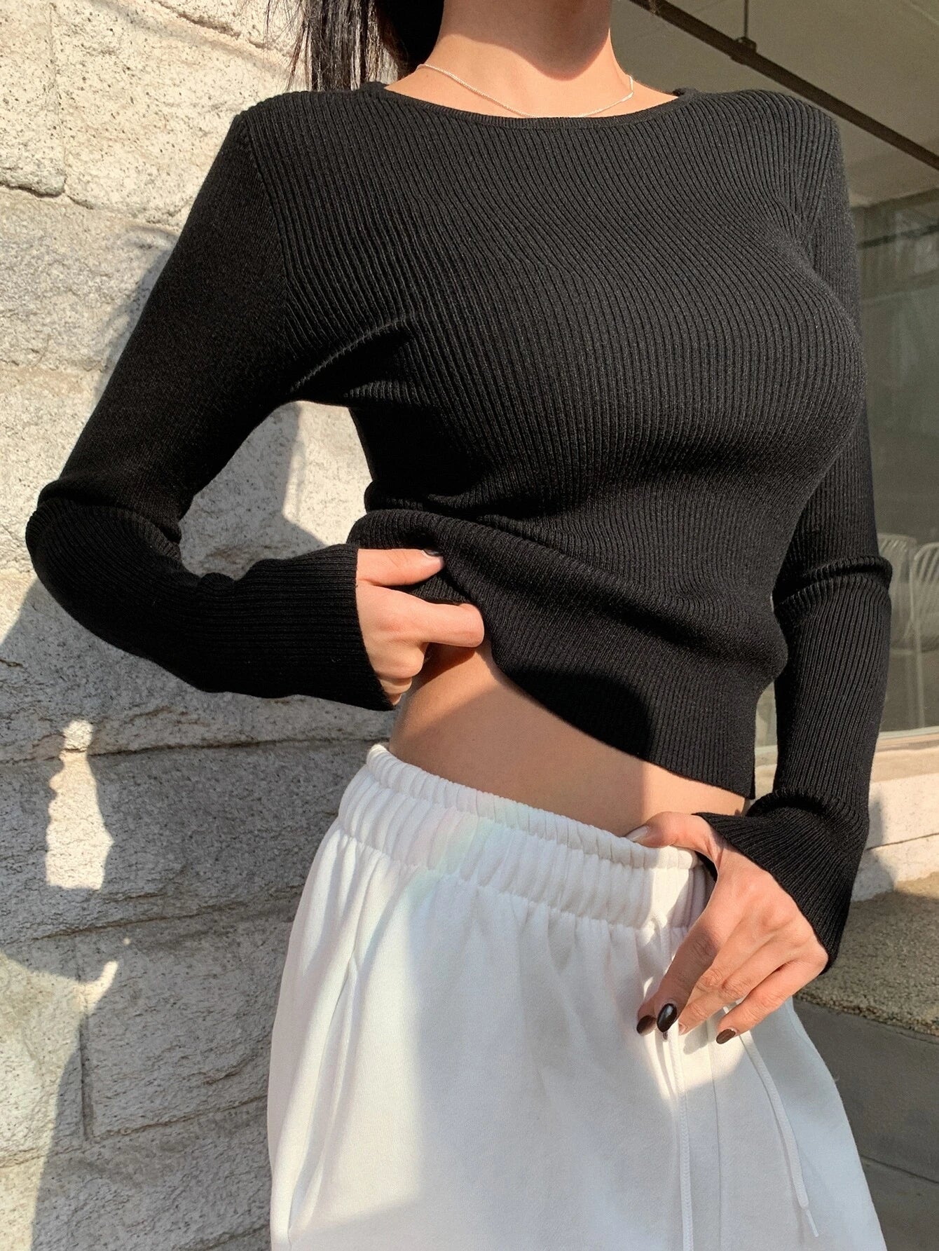 DAZY Kpop Solid Ribbed Knit Sweater Shein