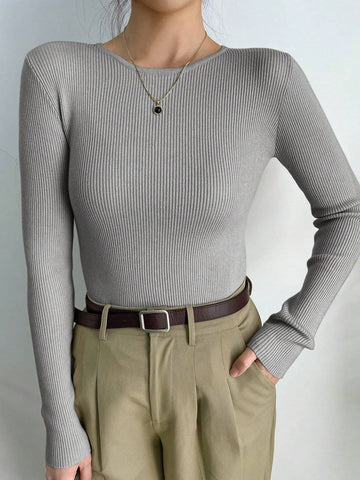 DAZY Kpop Solid Ribbed Knit Sweater Shein