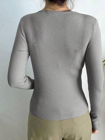 DAZY Kpop Solid Ribbed Knit Sweater Shein